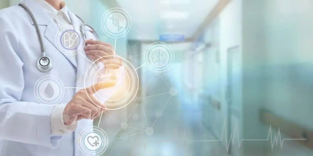 RFID healthcare virtual interface for real-time medical asset tracking Doctor interacting with virtual medical icons on a tablet, illustrating an RFID healthcare data-tracking interface.