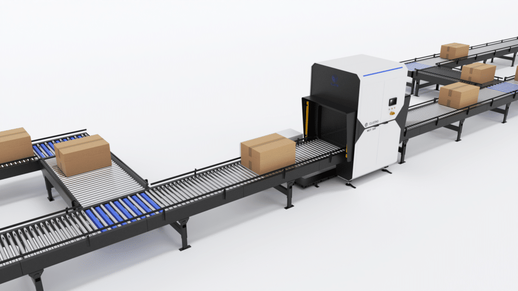 mot station with conveyors and boxes in a wharehouse