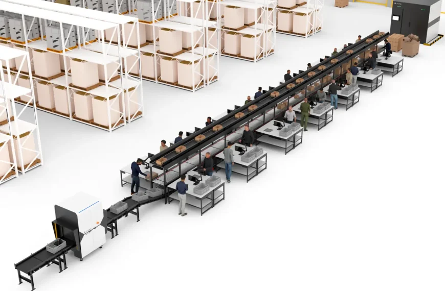 Automated RFID returns management line in a warehouse, featuring multiple workstations with staff performing visual and manual checks, conveyor belts for sorting, and storage racks in the background.
