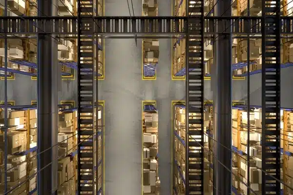 The warehouse processes merchandise packages with courier stamps and receipts for efficient delivery