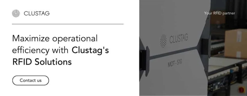 Maximize operational efficiency with Clustag's shielded RFID tunnels Banner reading "Maximize operational efficiency with Clustag's RFID tunnels" alongside a MOT-S10 tunnel station and "Contact us" button