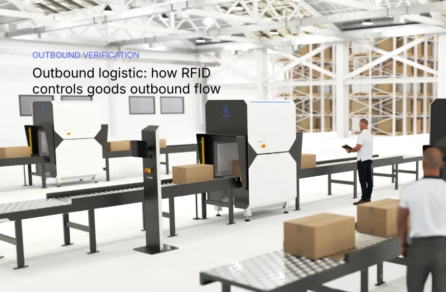 Men in a warehouse processing boxes in a RFID tunnel in outboud verification process