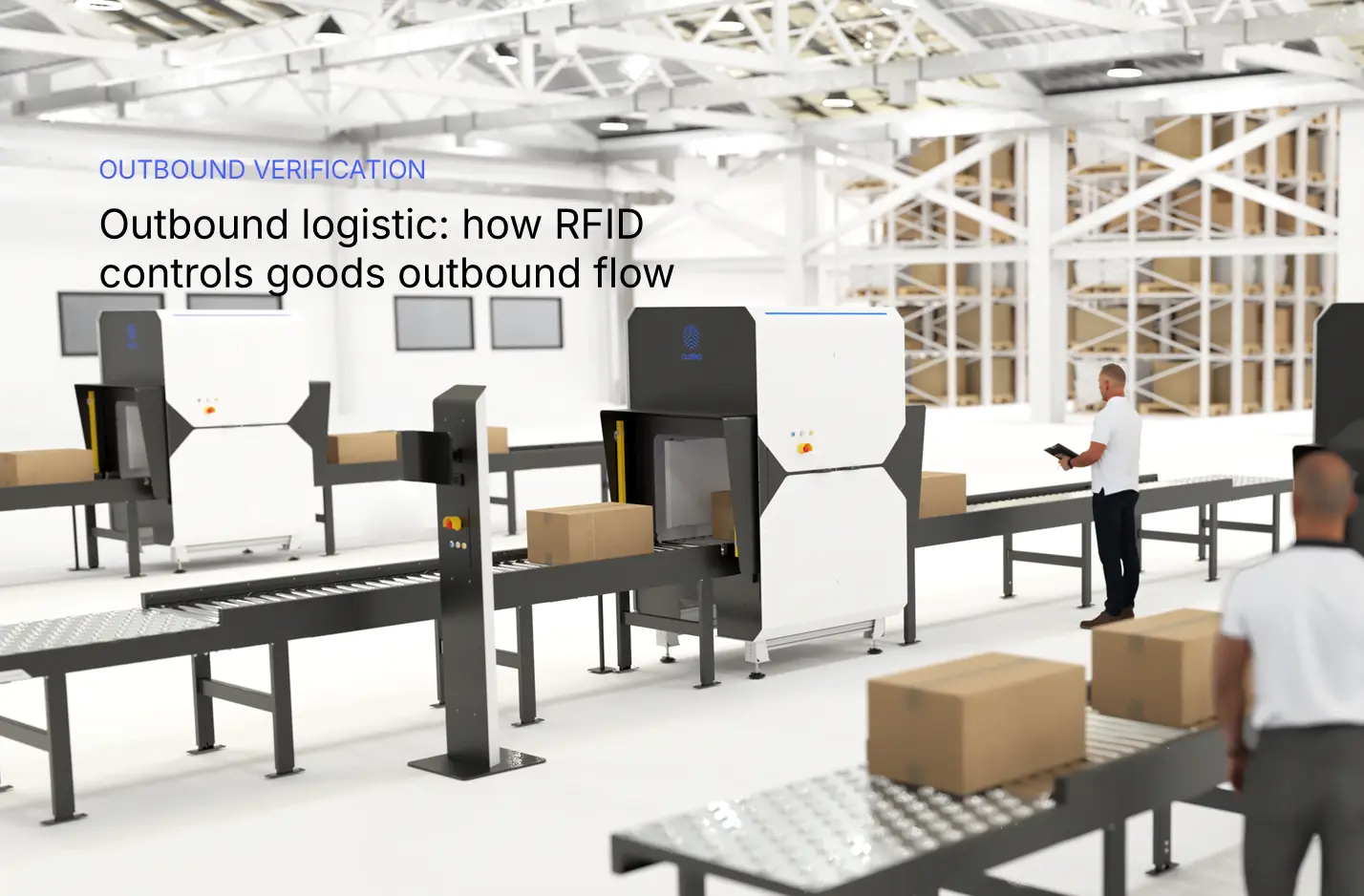 Men in a warehouse processing boxes in a RFID tunnel in outboud verification process