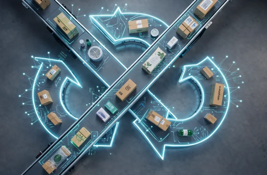 Overhead view of an automated warehouse conveyor system arranged in an X shape, with cardboard packages moving along the belts. Glowing neon blue circular arrows and digital circuit graphics surround the conveyors, symbolizing a high-tech circular economy and smart logistics process on a concrete floor.