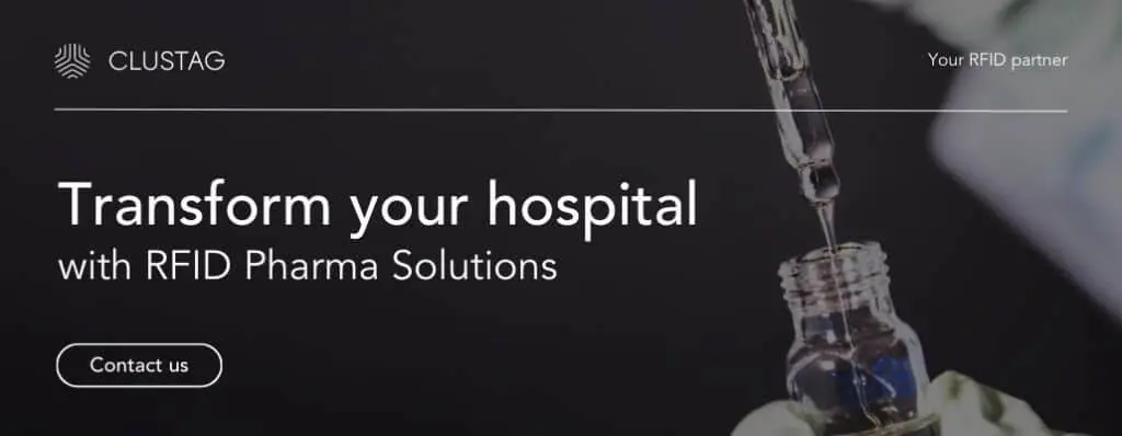 Trasnform your hospital with RFID healthcare pharma solutions Clustag banner reading "Transform your hospital with RFID Pharma Solutions", highlighting RFID healthcare integration in a lab setting.