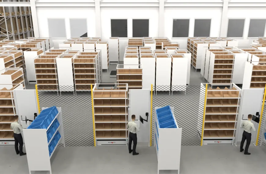 Un almacén moderno con sistema shelf-to-person